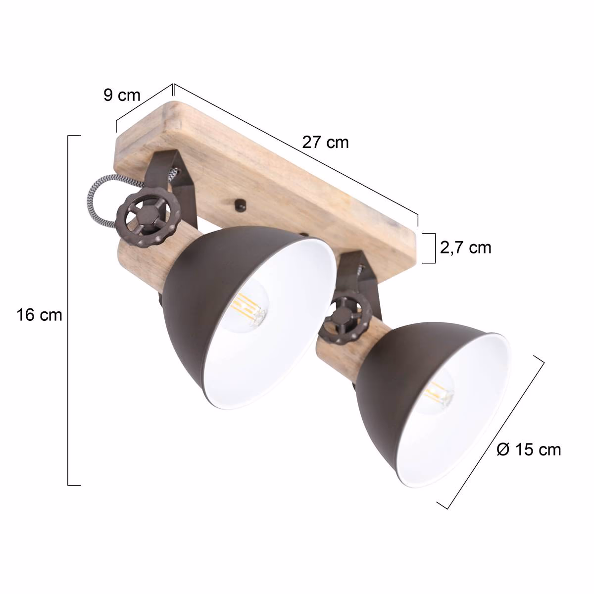 Plafondspot of wandspot 2-lichts E27, antraciet en hout, Gearwood, Mexlite - Afbeelding 7